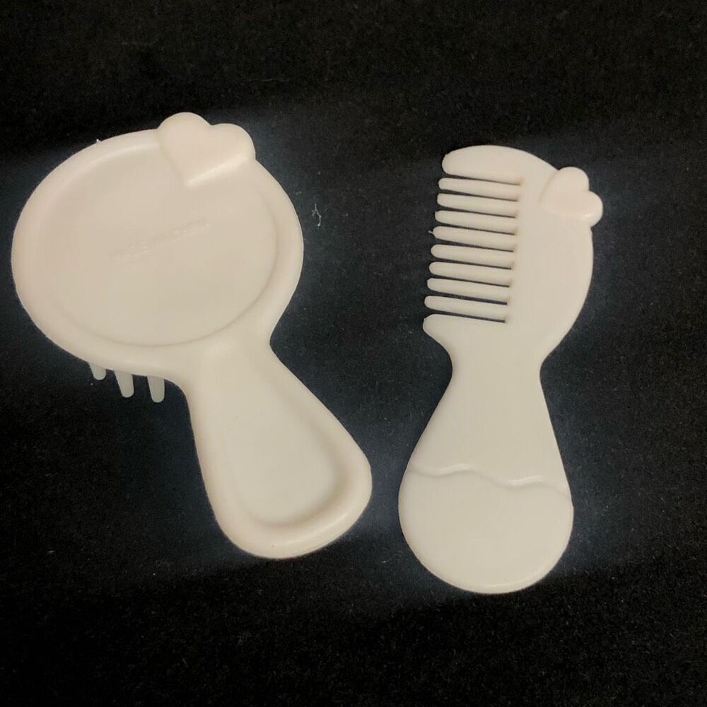 vtg doll pony hair brush‎ set white heart on edge wavy line on edge accessory